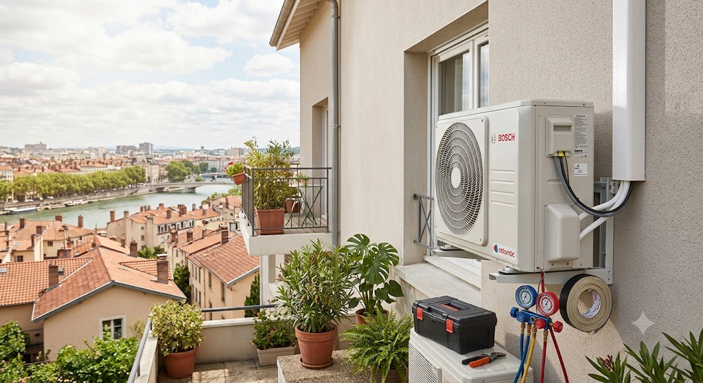 Unité extérieure installée sur un balcon