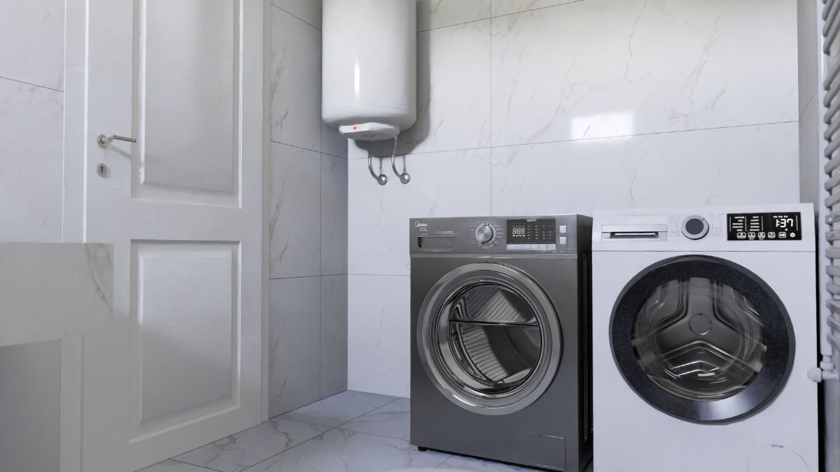 Chauffe-eau mural installe au-dessus des appareils de lavage